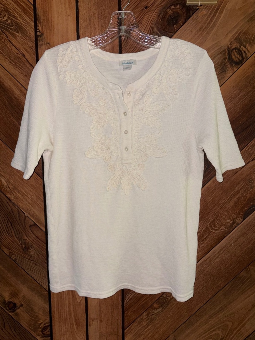 Ivory Cream SUNDANCE Textured Scroll Boho Henley Top